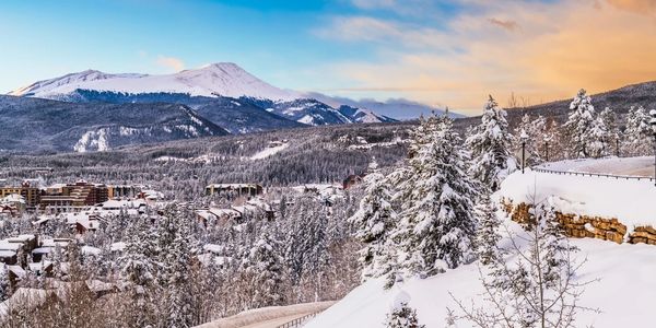 Breckenridge, Colorado, USA town skyline in winter at dawn.